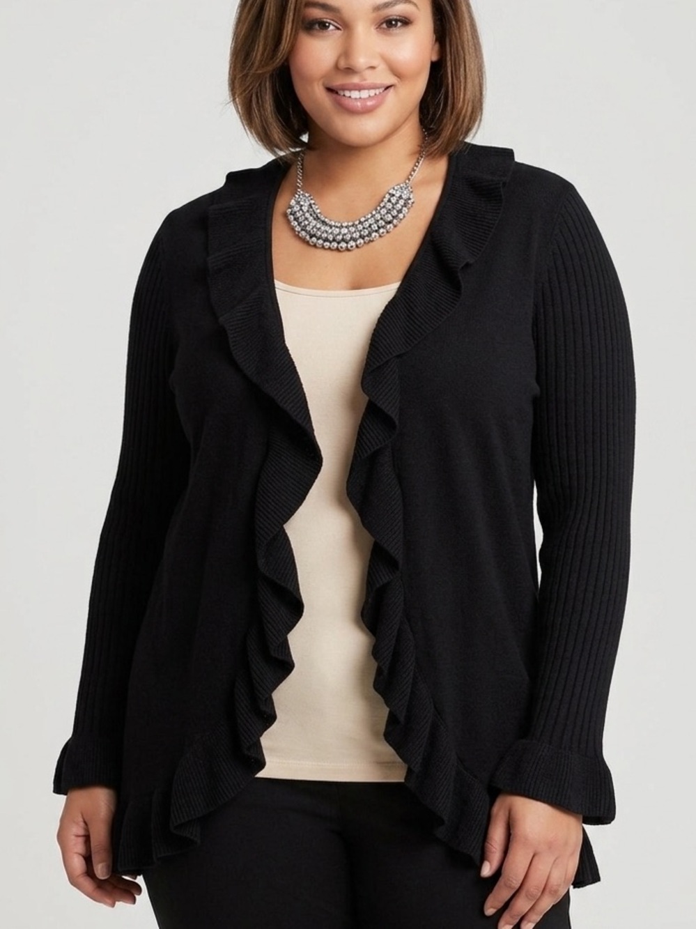 NINE WEST Silk Rayon Open Ruffle Ribbed Cardigan 1X